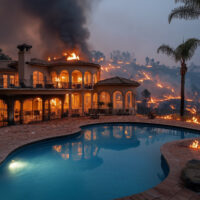 Big mansion house on a hill burning from wildfire forest fire